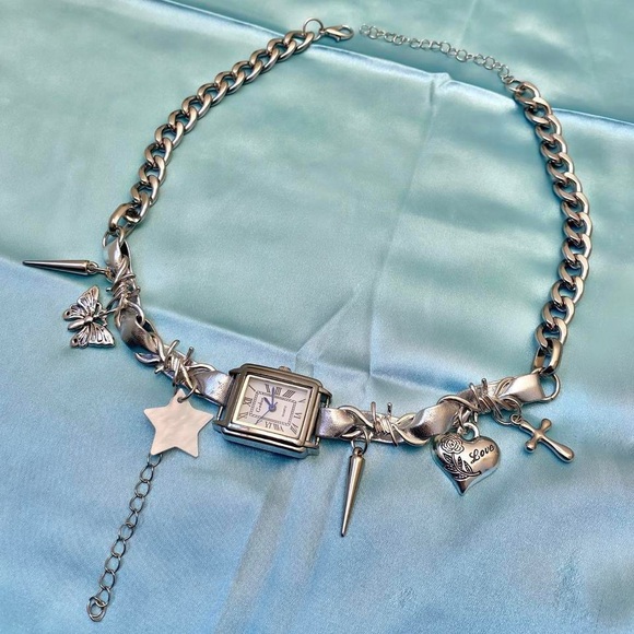 Y2K Silver Watch Clock Choker Metal butterfly star heart whimsical Necklace - Picture 6 of 6
